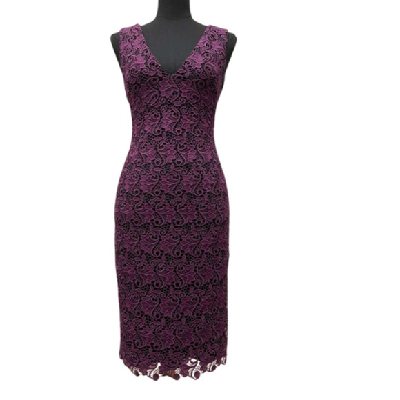 Alice + Olivia Plum Purple Lace V-Neck Sleeveless Sheath Dress 0 New With Tags - Picture 2 of 14